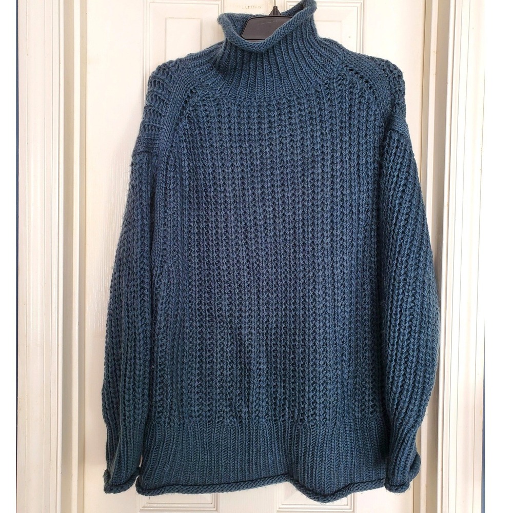 POL Turtleneck Sweater Dark Teal Blue Chunky Knit Oversized Winter Cozy Small
